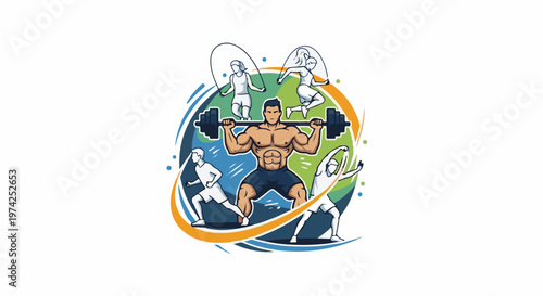 Muscular figure lifting weights, surrounded by people exercising, jumping rope, and running