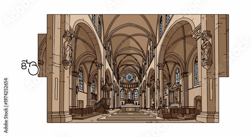 Interior view of a grand, arched cathedral with stained-glass windows, an altar, and statues