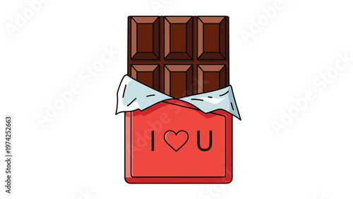 Delicious dark chocolate bar partially unwrapped from a red paper packaging with the message I love you and a heart symbol.