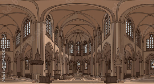 A grand, symmetrical church interior with soaring vaulted ceilings, pointed arches, and tall windows