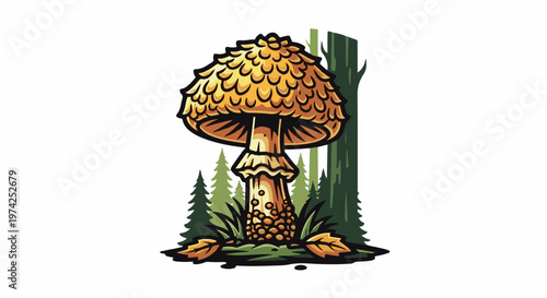 A stylized illustration of a large, yellow mushroom with a ruffled cap, standing tall amidst forest trees