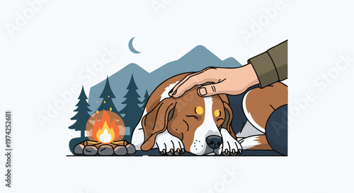 Gentle hand pets a sleeping dog by a campfire under a crescent moon and mountains