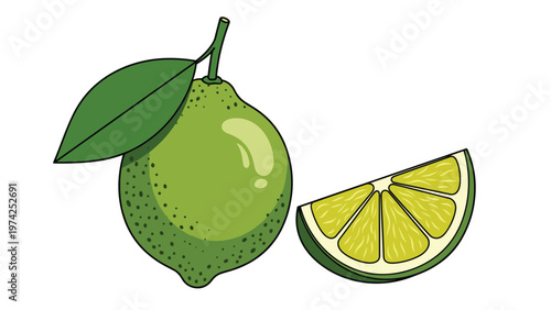 Fresh green lime fruit with a leaf next to a juicy lime wedge showing the textured segments and acidic juice droplets.