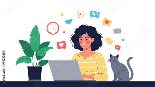 Young woman with curly hair working on her laptop while social media notification icons like hearts and envelopes float around her.