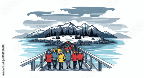 A group of people in winter clothing walks across a bridge towards a snow-capped island
