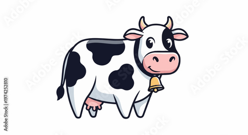 A cartoon cow with black and white spots, wearing a gold bell, stands against a white background