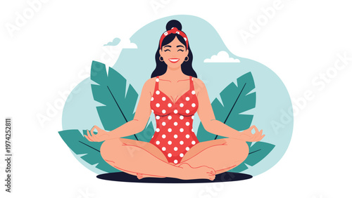 Smiling woman in a red polka dot swimsuit practicing meditation in lotus pose outdoors with tropical palm leaves and clouds.