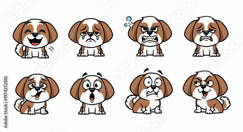 Cute cartoon dog collection showing various emotions like happiness, sadness, anger, and surprise