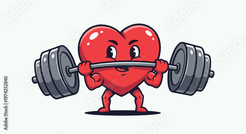 A cartoon heart character with muscular arms and legs lifts a barbell