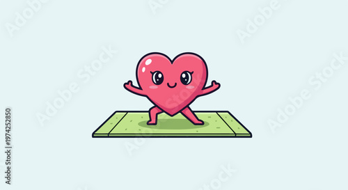 Adorable heart character in a yoga pose on a mat, against a light blue backdrop