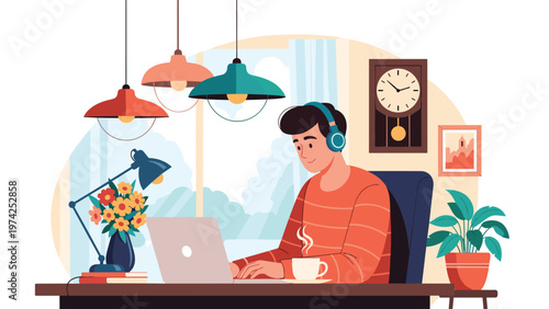 Man working on a laptop at a cozy desk with coffee and desk lamp while a grandfather clock shows the late time in the background.