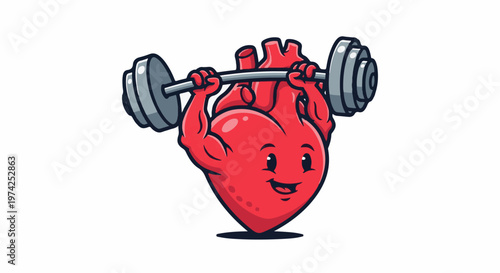 Anthropomorphic red heart character with muscular arms lifting a barbell