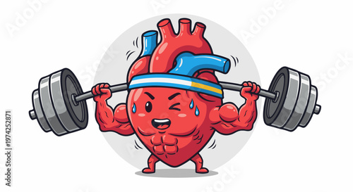 A cartoon heart character with muscular arms and abs lifts a barbell, sweating