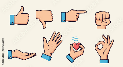 Collection of illustrated hand gestures, including thumbs up, thumbs down, pointing, fist, open palm, heart, and OK sign