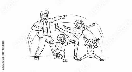 Energetic family of four, parents and two kids, joyfully posing in a line art style, mid-action