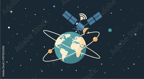 A communication satellite orbits the Earth, providing global connectivity and advanced technology for modern telecommunications and space exploration.