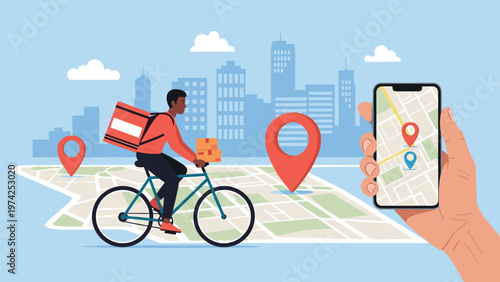Food delivery service illustration showing a courier riding a bike through a city with a mobile tracking app on a smartphone.