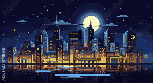 Pixelated city skyline at night, illuminated by a large moon and glowing windows, reflecting in water