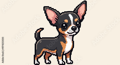 A pixel art chihuahua stands alert, with large ears and a tri-color coat