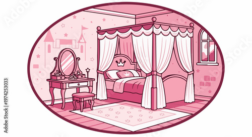 Pink princess bedroom with canopy bed, vanity, and castle decor
