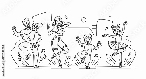 A joyful family enjoys a musical dance party, complete with a rooster