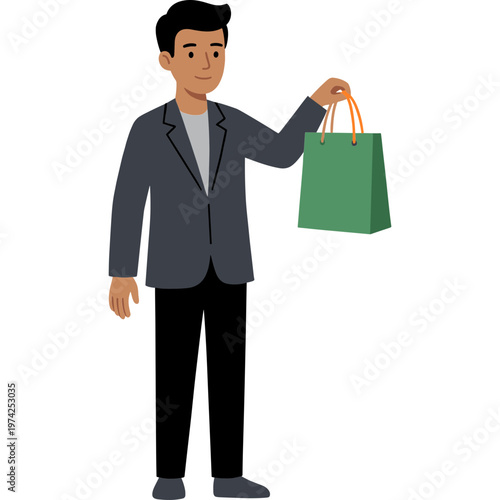Man holds green shopping bag in his right hand standing still
