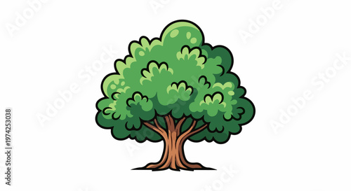 A cartoon tree with a thick trunk and a vibrant green canopy is depicted against a white background