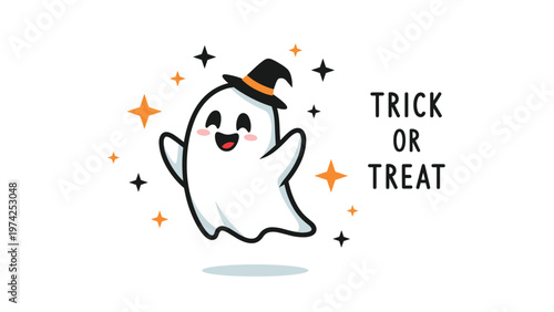 Cute cartoon ghost wearing a witch hat floating among stars with the festive trick or treat text for halloween theme celebrations.