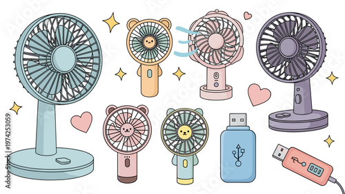 Set of different electric fans including portable handheld versions and desktop models with cute animal designs and usb drives.