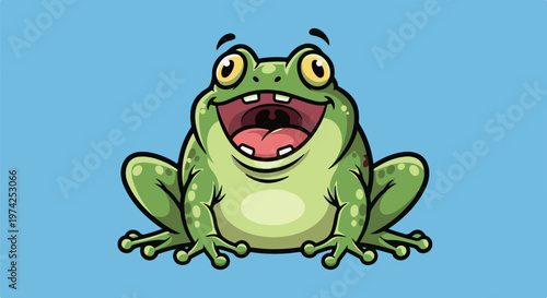 A vibrant, cartoon frog with a wide, happy grin and big, expressive eyes