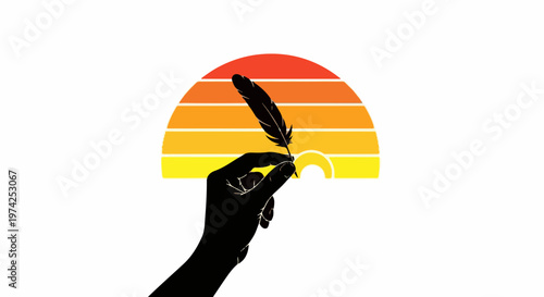 Silhouette hand holding a feather quill against a retro sunset arc