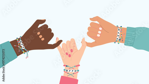 Three diverse friends making a pinky promise together while wearing colorful friendship bracelets with letter beads on white.