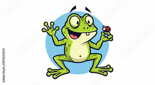 A smiling cartoon frog with big eyes, holding a ladybug, against a light blue circle