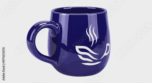 Glossy blue ceramic mug with a steaming beverage graphic