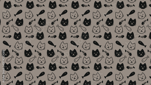 Cute cartoon cats and fish swim across a soft gray background. Each feline face shows playful, curious, or content expressions. Fish skeletons add a whimsical, repeating pattern design