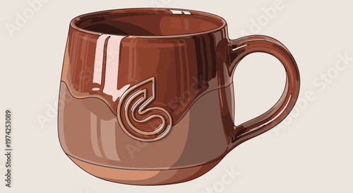 A shiny, rounded brown mug with a unique embossed swirl design and a curved handle