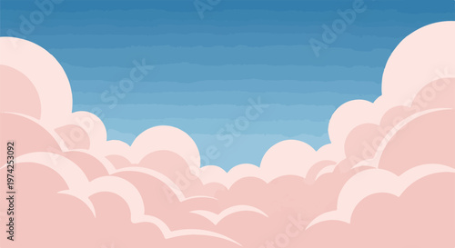 Soft pink clouds drift across a blue sky, creating a gentle, dreamlike atmosphere