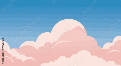 Soft pink clouds drift across a clear blue sky, creating a peaceful scene