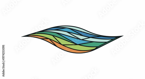 Abstract, flowing, geometric shapes in cool colors forming a wave-like pattern