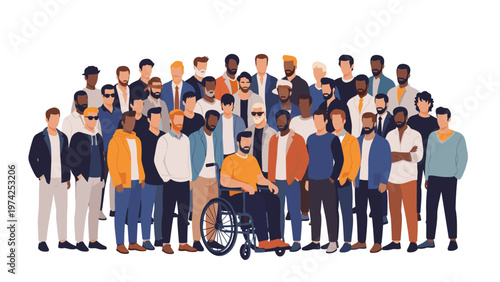 Large and diverse group of men of different ages and ethnicities standing together including a person using a wheelchair.