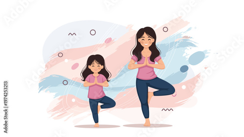 Mother and daughter practicing the tree yoga pose together against a creative abstract painted background for wellness.