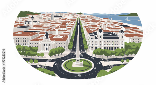 Artistic depiction of a grand avenue with buildings, monument, and distant water