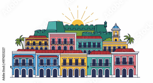 Colorful colonial buildings line a waterfront with a fortress and palm trees under a bright sun
