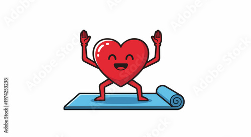 A cheerful cartoon heart with arms and legs exercises on a blue yoga mat