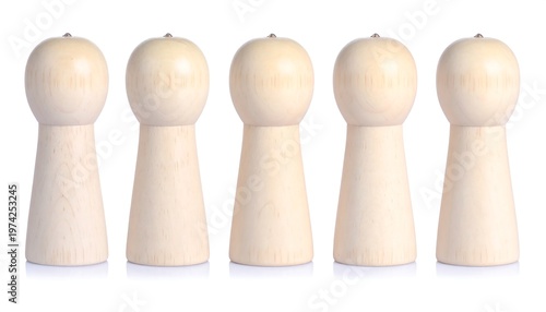 Five identical, light-wood game pieces, possibly pawns, stand in a neat row against a pure white background