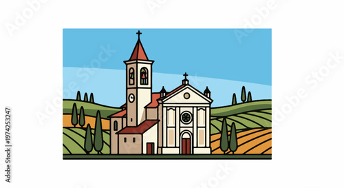 Stylized church with bell tower stands amidst rolling hills of vineyards under a bright blue sky