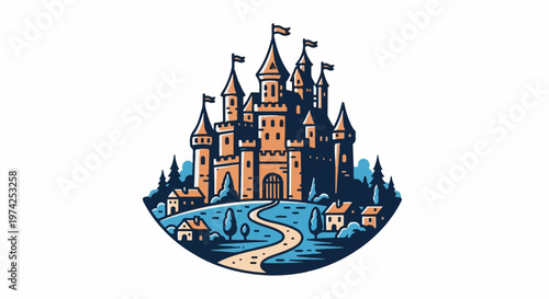 A whimsical, stylized illustration of a grand castle with tall turrets, flags, and surrounding houses