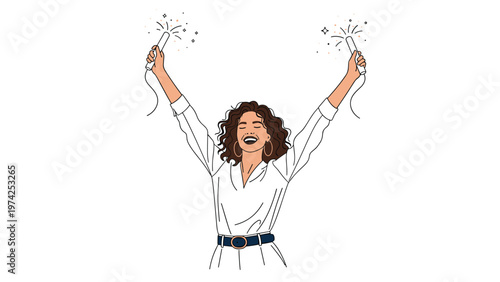 Happy and excited woman in a white shirt celebrating a special occasion with raised hands holding festive party poppers.