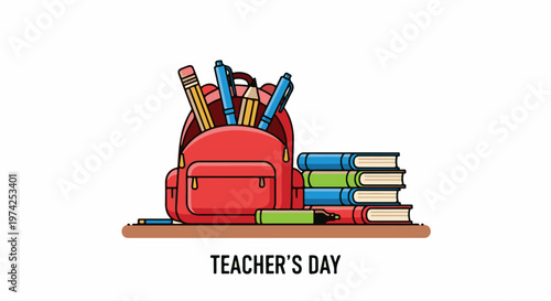 A red backpack with pencils and pens, beside a stack of books, symbolizing education and teachers