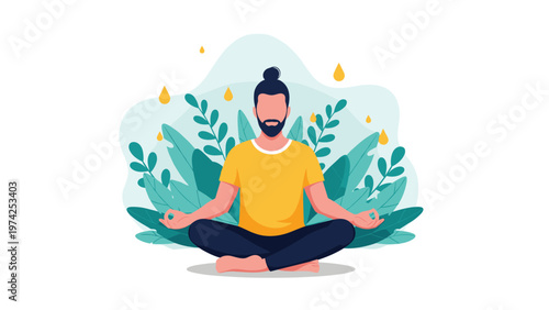 Bearded man sitting in a lotus meditation pose surrounded by green tropical leaves and golden drops of energy or oil.
